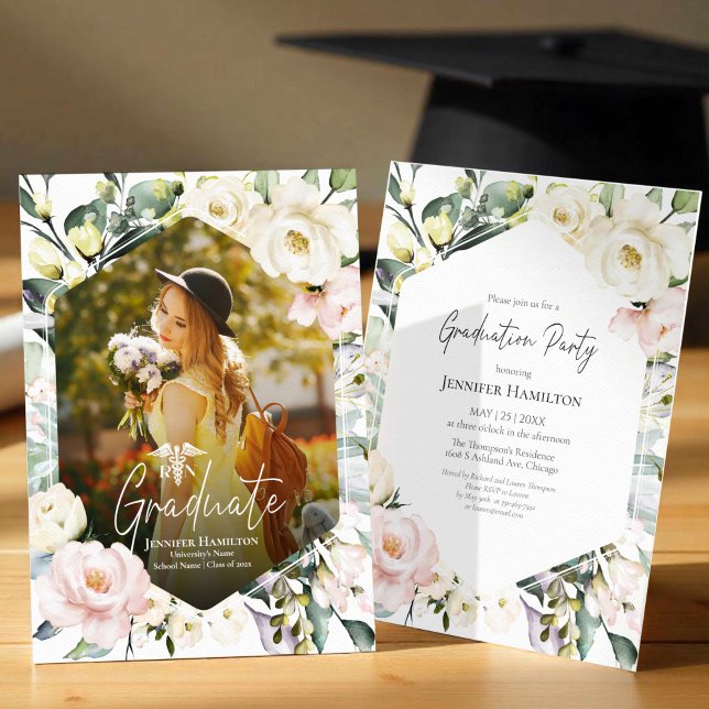 Invitation Boho Floral Frame Photo Médicale Graduation Party (Créateur téléchargé)