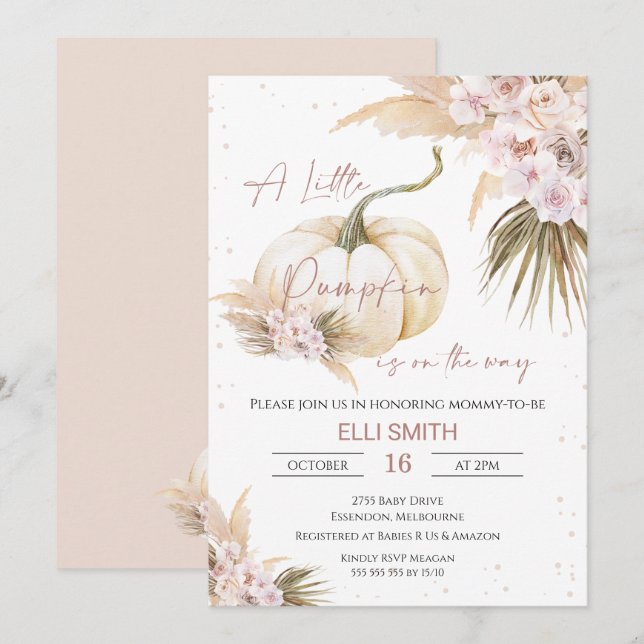 Invitation Boho Floral Girls Petit Baby shower Citrouille Inv (Devant / Derrière)