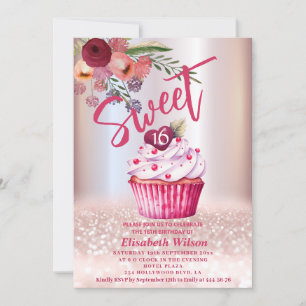 Invitation Boho floral Girly cupcake Rose or gliterie