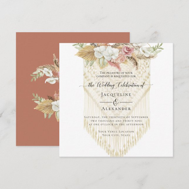 Invitation BOHO Floral Green Pampas Grass Blush Mariage (Devant / Derrière)
