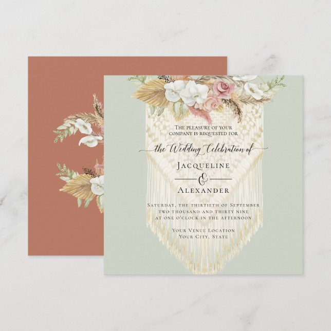 Invitation BOHO Floral Greenery Pampas Grass Mariage Macrame (Devant / Derrière)
