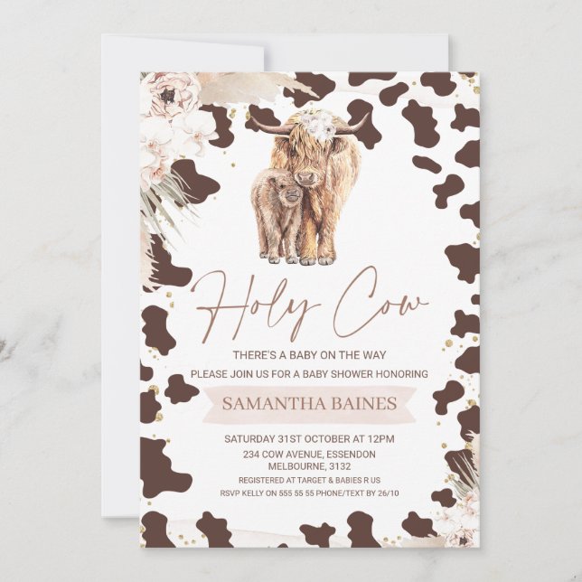 Invitation Boho Floral Holy Cow Highland Cow Baby shower (Devant)