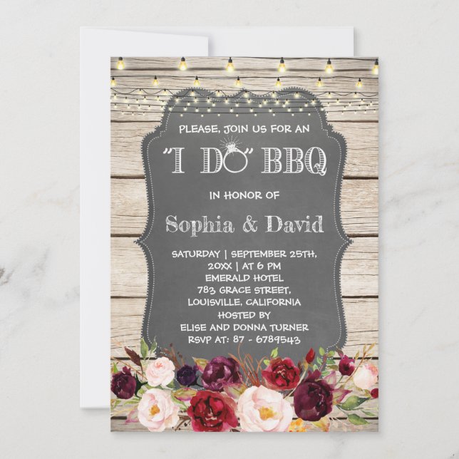 Invitation Boho Floral I DO BBQ Chalkboard Barre Fiançailles (Devant)