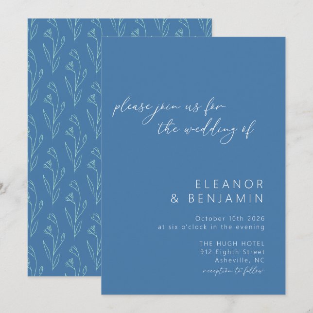 Invitation Boho Floral Line Art Blue Script Mariage (Devant / Derrière)