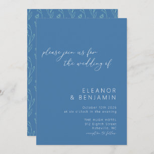 Invitation Boho Floral Line Art Blue Script Mariage