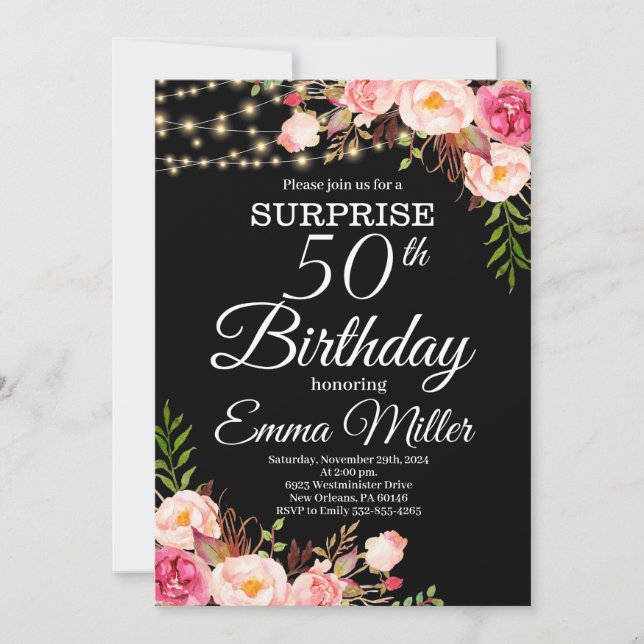 Invitation Boho Floral & Lumières Surprise 50e anniversaire (Devant)