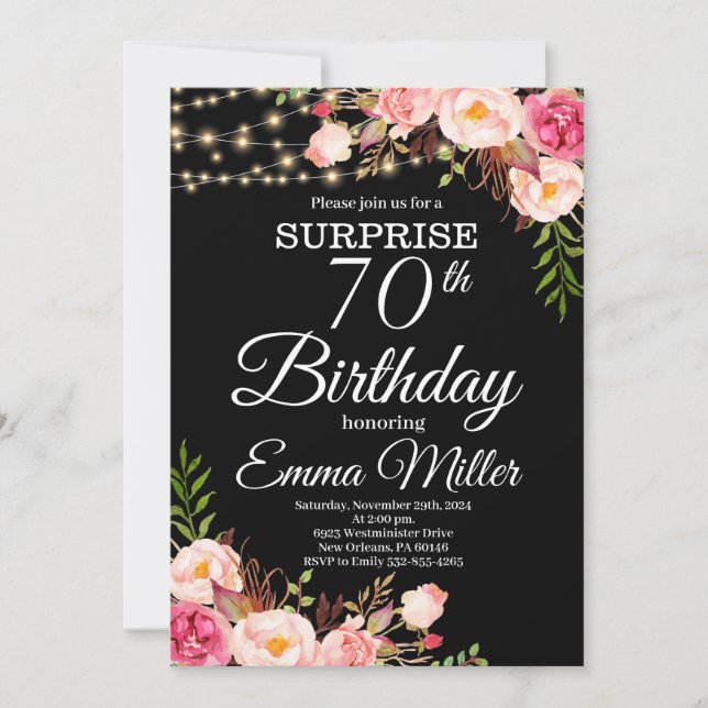 Invitation Boho Floral & Lumières Surprise 70e anniversaire (Devant)