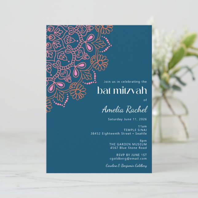 Invitation Boho Floral Mandala Turquoise Bat mitzvah bleu (Debout devant)