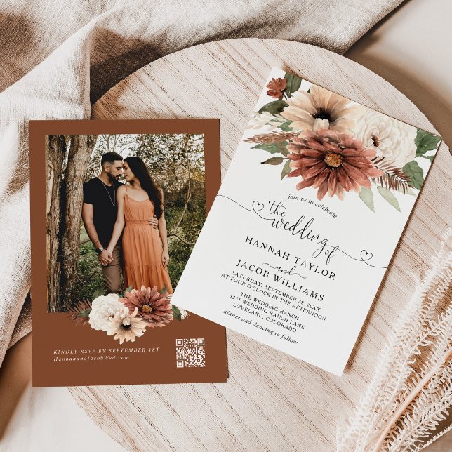 Invitation Boho Floral Mariage de automne QR Code RSVP (Créateur téléchargé)