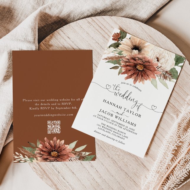 Invitation Boho Floral Mariage de automne QR Code RSVP (Créateur téléchargé)