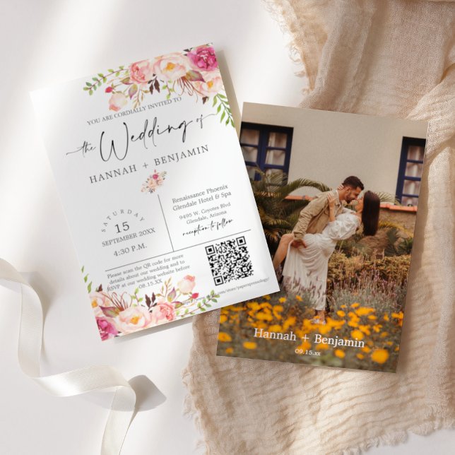 Invitation Boho Floral Mariage Script minimal QR Code photo (Créateur téléchargé)