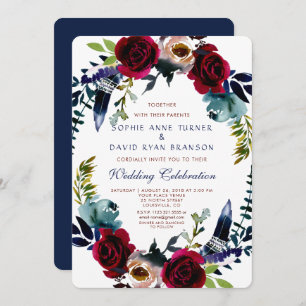 Invitation Boho Floral Marsala Marine Blue Wedding