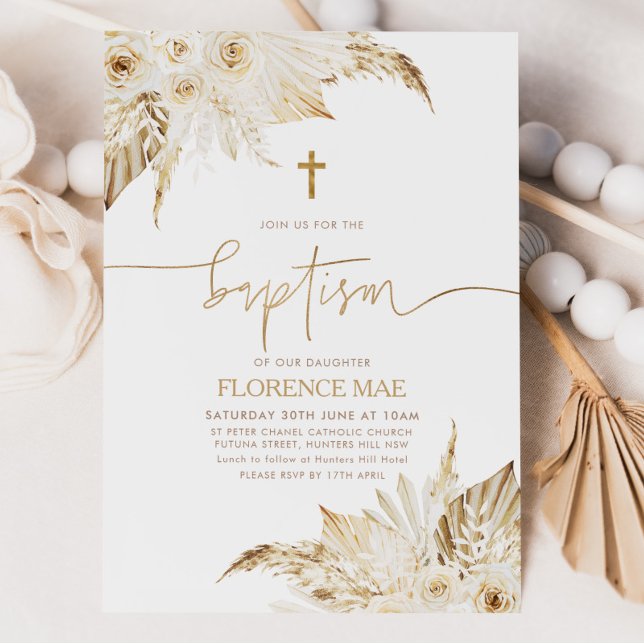 Invitation Boho Floral Neutral Girls Baptême Christening (Boho Baptism Invitation)
