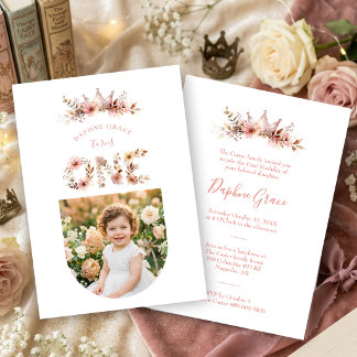 Invitation Boho Floral One Word Pink First Birthday 