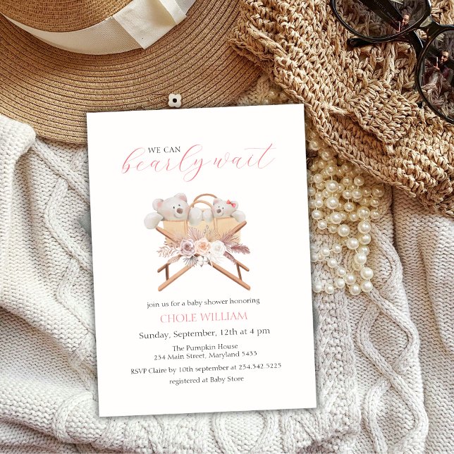 Invitation Boho Floral Ours Bassinet Baby shower fille (Boho Floral Bear Bassinet Girl Baby Shower Invitation)