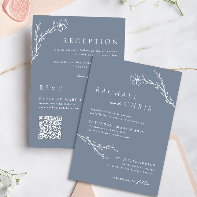 Invitation Boho Floral Outline Dusty Blue Tout en un code QR (Créateur téléchargé)