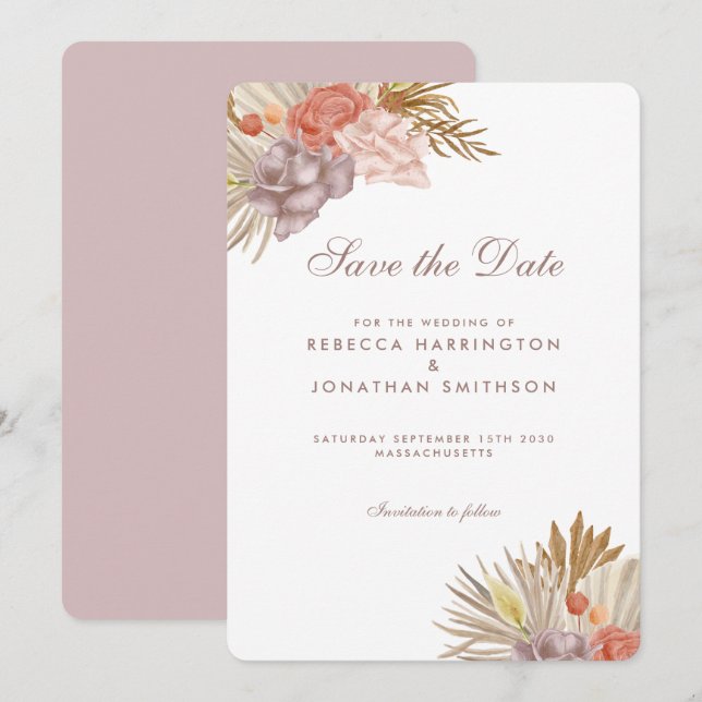 Invitation Boho Floral Palm Leaf mariage rose Enregistrer la  (Devant / Derrière)