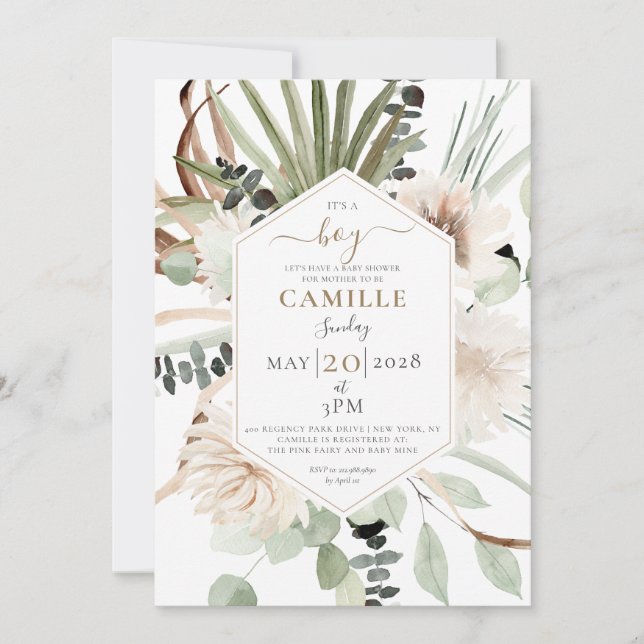 Invitation Boho Floral Palmetto Feuille eucalyptus (Devant)