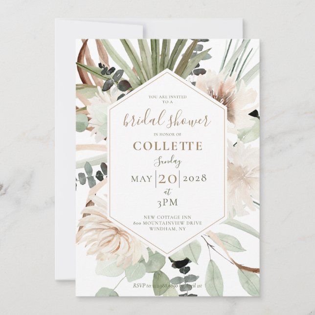 Invitation Boho Floral Palmetto Pampas Fête des mariées en he (Devant)