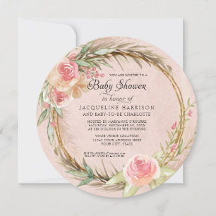 Invitation BOHO Floral Pampas Aquarelle rose Wreath Baby