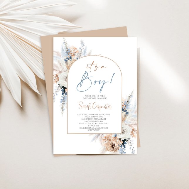 Invitation Boho Floral Pampas Grass Baby shower Garçon (Créateur téléchargé)
