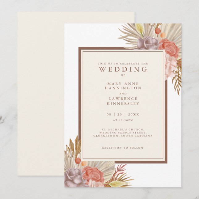 Invitation Boho Floral Pampas Grass Mariage (Devant / Derrière)