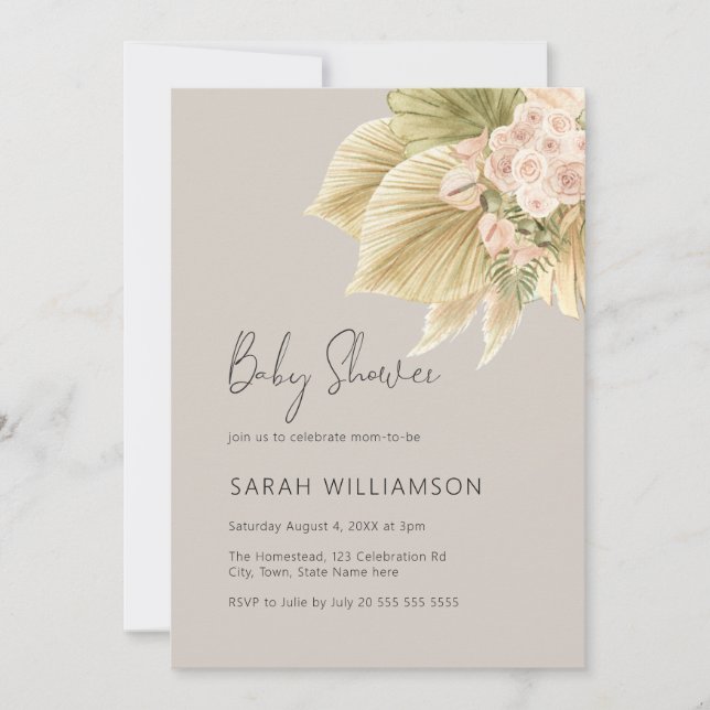 Invitation Boho Floral Pampas Grass Palm Baby shower naturel (Devant)