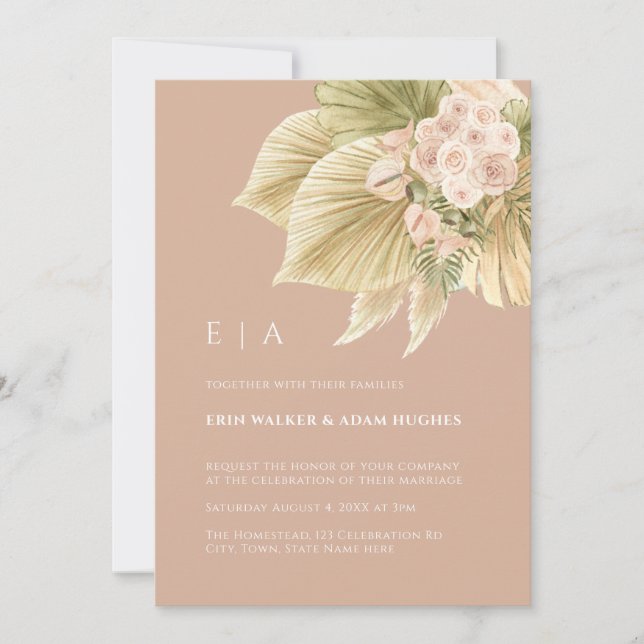 Invitation Boho Floral Pampas Grass Palm Dusty rose Mariage (Devant)