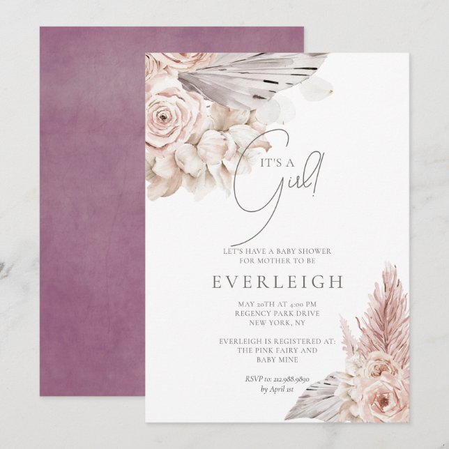 Invitation Boho Floral Pampas Grass Palmetto Baby Girl Douche (Devant / Derrière)