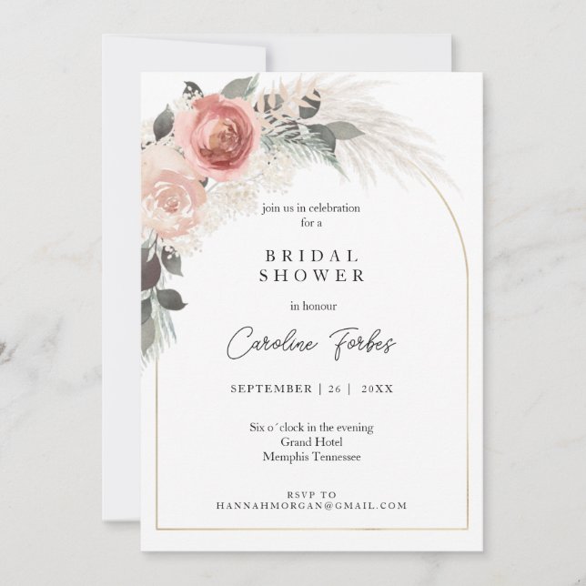 Invitation Boho, Floral, Pampasgras, Fête des mariées d'arc (Devant)