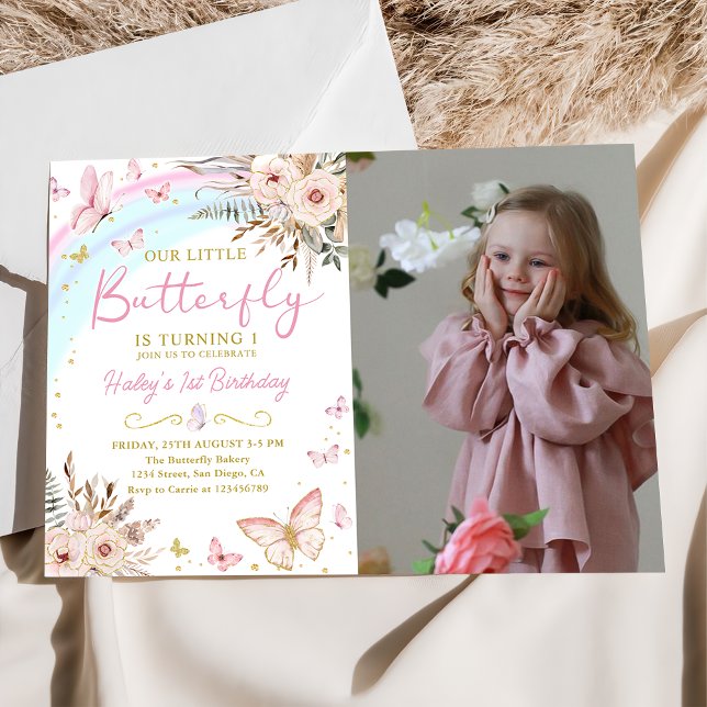 Invitation Boho Floral Papillon arc-en-ciel Photo d'anniversa (Créateur téléchargé)