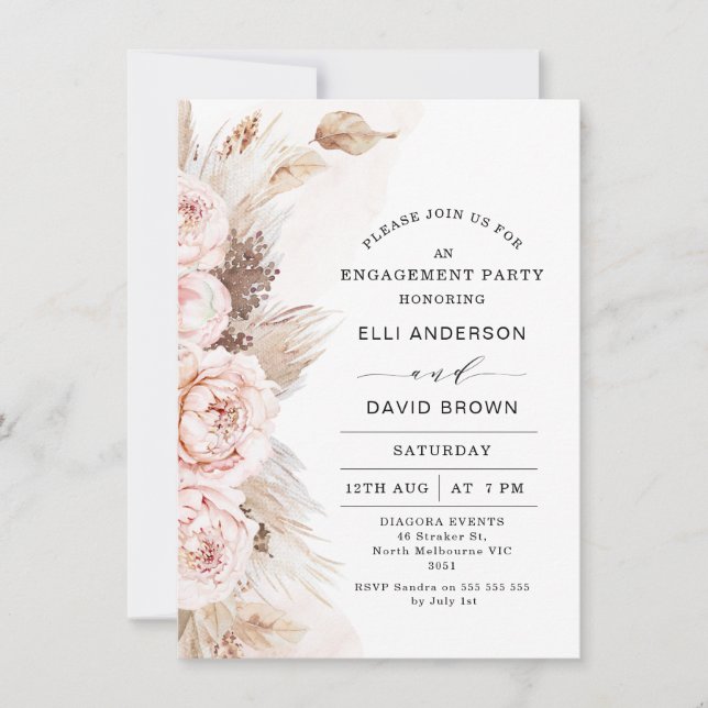 Invitation Boho Floral Peonies Pampas Grass Fiançailles (Devant)