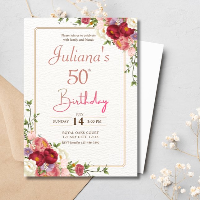 Invitation Boho floral rose 50e fête d'anniversaire (Créateur téléchargé)