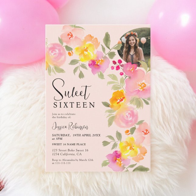 Invitation Boho Floral Rose Aquarelle Script Photo Sweet 16 (Boho Floral Pink Watercolor Script Photo Sweet 16 Invitation on pink)