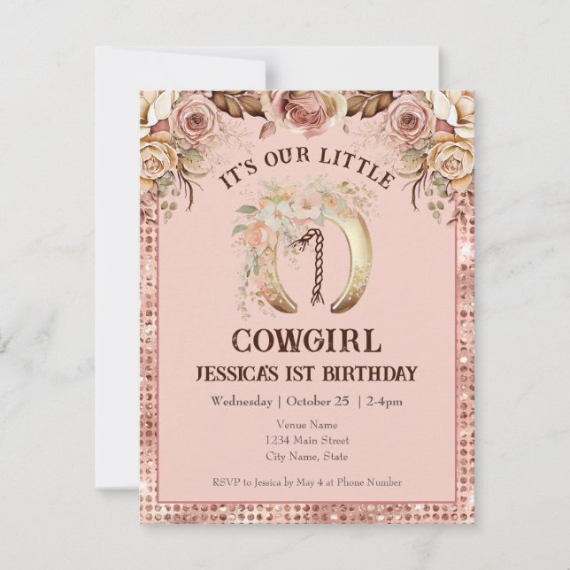 Invitation Boho Floral Rose Cowgirl 1er anniversaire (Devant)