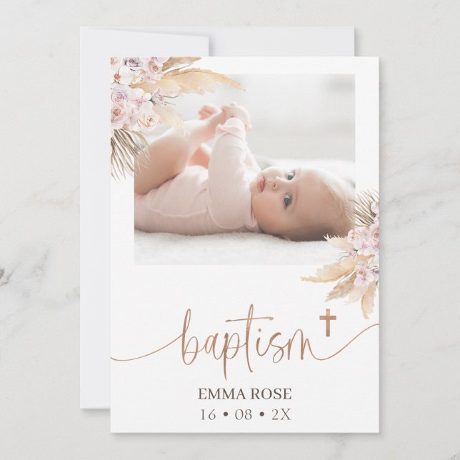 Invitation Boho Floral Rose Gold Calligraphie Photo Baptême (Devant)