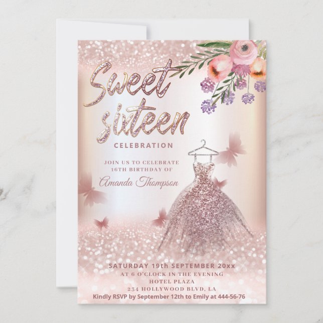Invitation Boho floral Rose or glitrobe papillon (Devant)