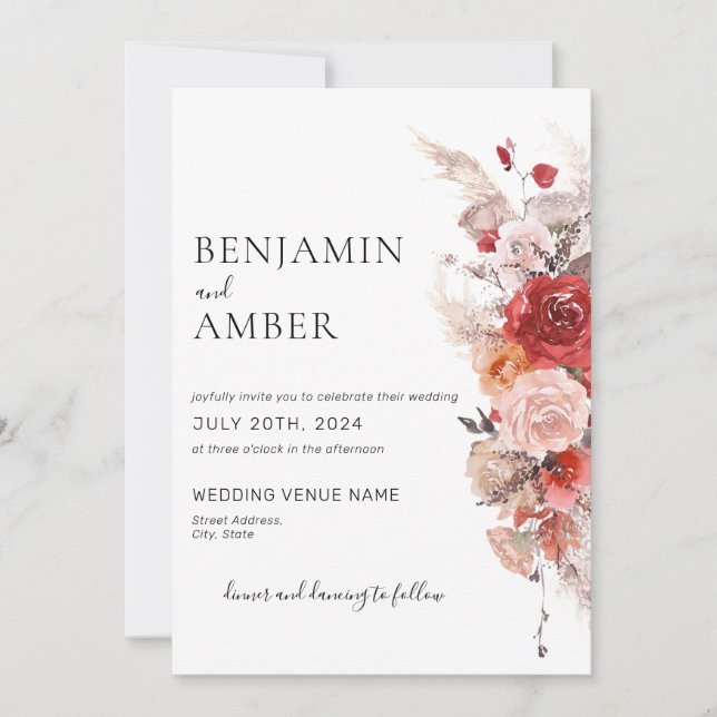 Invitation Boho floral rouille brûlé Orange Bourgogne Mariage (Devant)