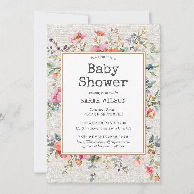 Invitation Boho Floral Rustic Chic Botanique Baby shower (Devant)
