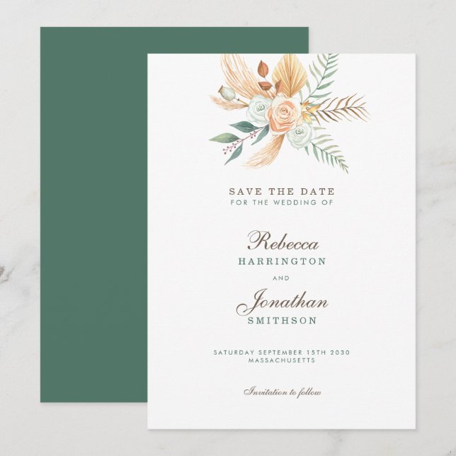 Invitation Boho Floral Rustic Green Wedding Enregistrer La Da (Devant / Derrière)