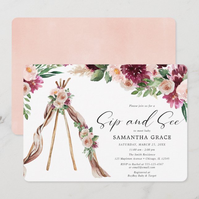 Invitation Boho floral rustique sip and see girl baby shower (Devant / Derrière)