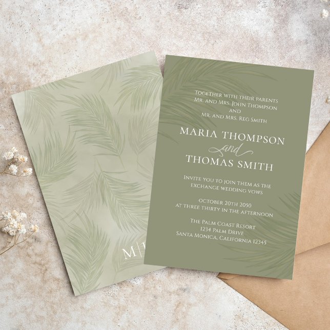 Invitation Boho Floral Simple Aquarelle Vert Palm Feuilles (Elegant Boho tropical palm leaves wedding invitation. )