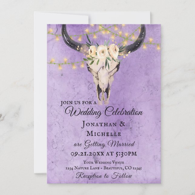 Invitation Boho Floral Skull and String Lights Purple Mariage (Devant)
