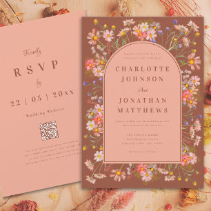 Invitation Boho Floral Terracotta Orange Brûlé Mariage d'Auto