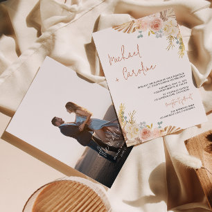 Invitation Boho Floral Terre Cuite Pampas Photo Écriture Mari