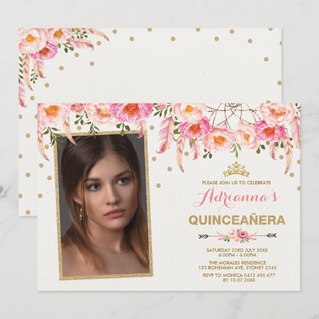 Invitation Boho Floral Tiara Dreamcatcher / Girly Quinceañera (Devant / Derrière)