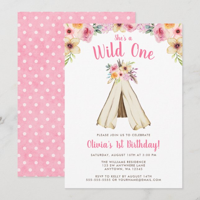 Invitation Boho Floral Tribal Teepee Wild Un 1er anniversaire (Devant / Derrière)