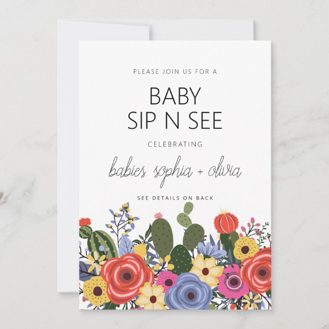 Invitation Boho Floral Twin Baby Sip Et Voir (Devant)