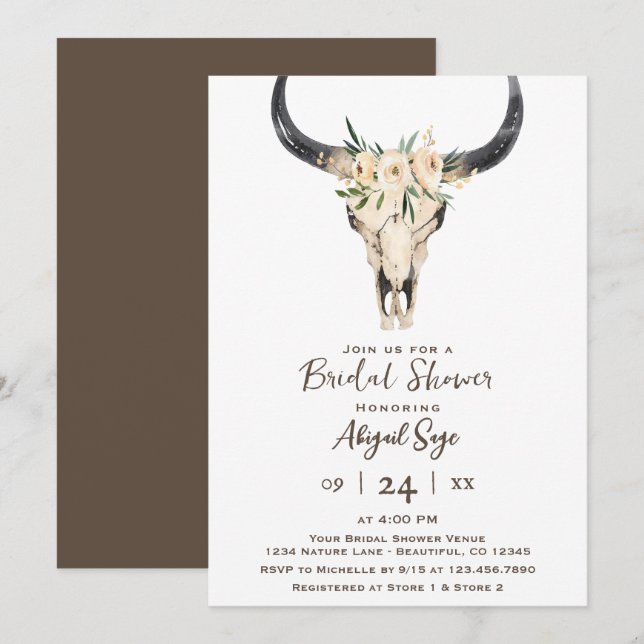 Invitation Boho Floral Vache Crâne blanc Brown Fête des marié (Devant / Derrière)
