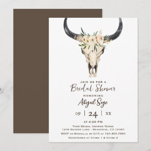 Invitation Boho Floral Vache Crâne blanc Brown Fête des marié